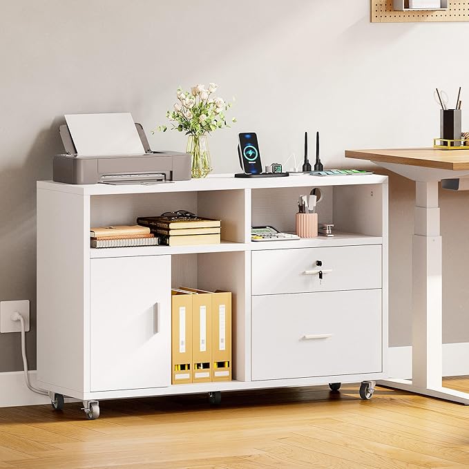 DWVO 2 Drawer File Cabinet with Charging Station, Mobile Filing Cabinet with Lock, White
