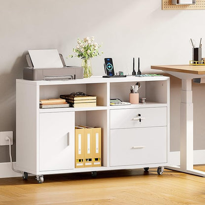 DWVO 2 Drawer File Cabinet with Charging Station, Mobile Filing Cabinet with Lock, White