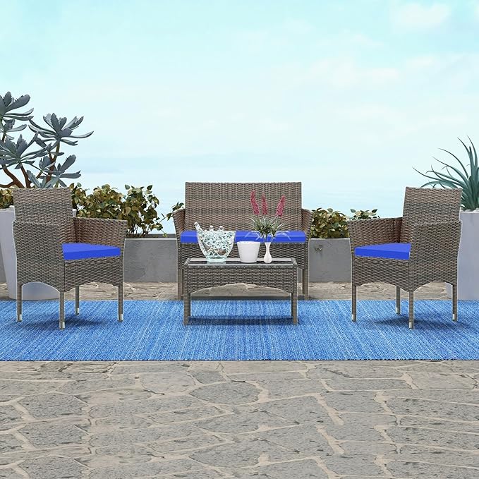 Patio Furniture, 4 Piece Conversation Set, Outdoor Wicker Rattan Table and Chairs, Sectional Sofa with Thick Cushion for Garden, Yard, or Porch, Light Brown
