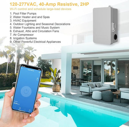SURAIELEC WiFi Pool Timer, 40 AMP, 1HP 120V, 2HP 240V, Outdoor Indoor Smart Switch, Heavy Duty Pool Controller Light Timer Box for Pump, Water Heater, Spa, Powerful Electrical Appliances