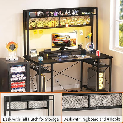 armocity 2024 Upgrade Gaming Desk with Hutch, 48'' Magic Computer Desk with LED Lights and Outlets, Reversible Workstation Desk with Pegboard and Monitor Stand, 48 Gamer Desk PC Table, Black