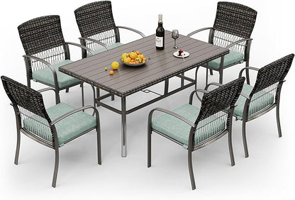 Pamapic Patio Dining Table Set, Outdoor Dining Set 7 Piece, Outdoor Wicker Furniture Set with Removable Cushions for Backyard Garden Deck/Iron Slats Table Top(Green)