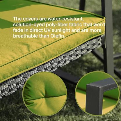 3 Piece Rocking Bistro Set - Synthetic Wicker Outdoor Furniture - Glass Coffee Table with 2 Chairs for Balcony, Patio & Porch - Black Metal, Soft Cushions (Green)