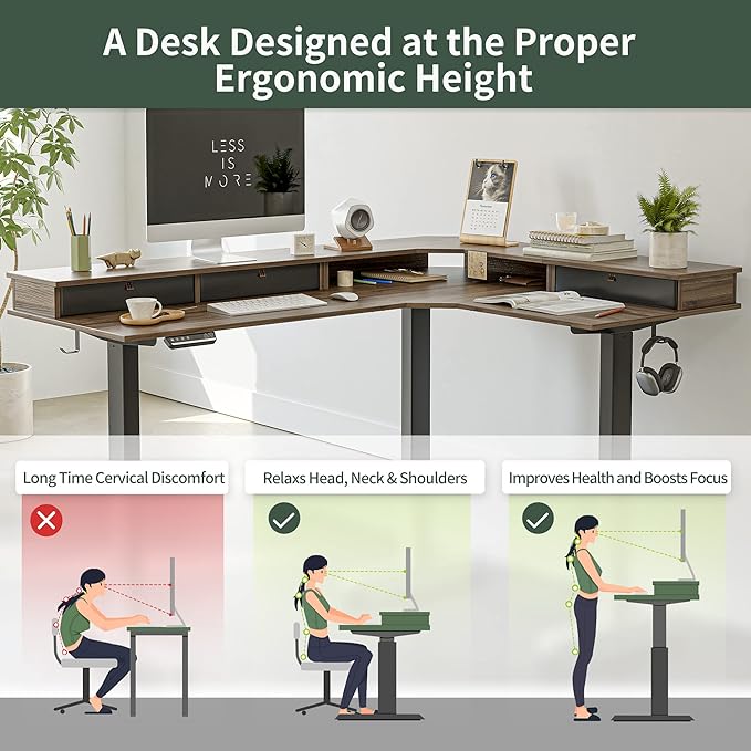 FEZIBO Triple Motor 63" L Shaped Standing Desk with 3 Drawers, Electric Gaming Desk Adjustable Height, Corner Stand up Desk with Splice Board, Black Frame/Black Walnut Top
