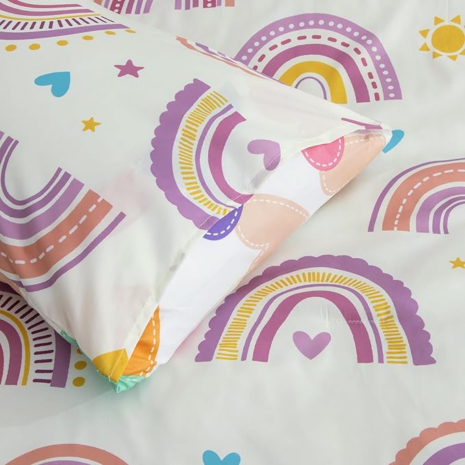 Btargot Lightweight Soft 3 Piece Rainbow Comforter Set with 2 Pillow Covers, Cartoon Love Hearts Suns and Stars Bedding Set for Girls Boys Kids, Queen Purple