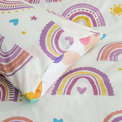 Btargot Lightweight Soft 3 Piece Rainbow Comforter Set with 2 Pillow Covers, Cartoon Love Hearts Suns and Stars Bedding Set for Girls Boys Kids, Queen Purple