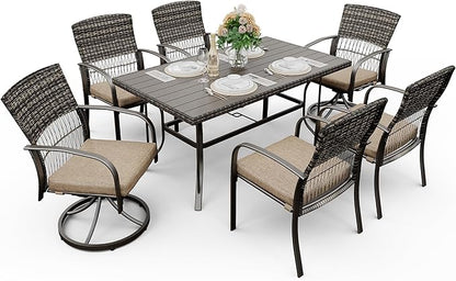 Pamapic 7 Piece Outdoor Dining Set, Rattan Outdoor Patio Furniture Set for Backyard with Iron Outdoor Dining Table, 4 Swivel Deck Chairs, 2 Wicker Chairs and Removable Cushions (Beige)