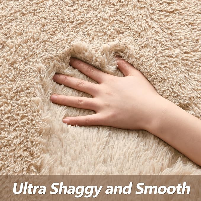 Super Soft Fluffy Shaggy Rugs for Living Room Bedroom, Fuzzy Plush Area Rugs for Girls Kids Room Nursery Home Decor, Furry Dorm Rug Cute Non-Slip Indoor Floor Carpet 6x9 Feet, Beige