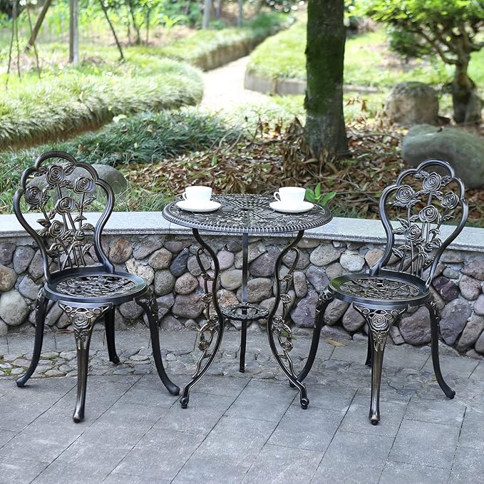 Patio Bistro Set.Rust-Resistant Cast Aluminum Bistro Table Set with Umbrella Hole for Backyard (Rose Copper)