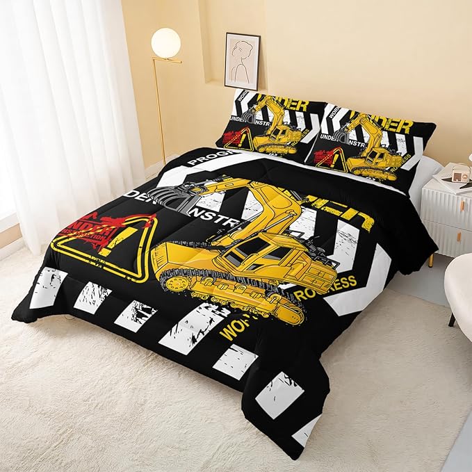 Excavator Comforter Twin Size,Construction Truck Comforter Set for Kids Teens Boys Girls,3Pcs Bedding Set Printed Comforter with 2 Pillowcases,Soft and Lightweight(Black，Twin Size)