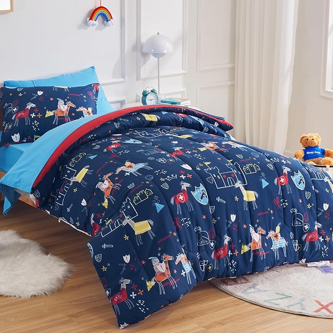 SLEEP ZONE 7 Pieces Kids Comforter Bed in A Bag, Soft Lightweight, Fluffy & Durable Children Bed Set with Comforter, Sheet, Pillowcase & Sham (Knight‘s Tale, Full/Queen)