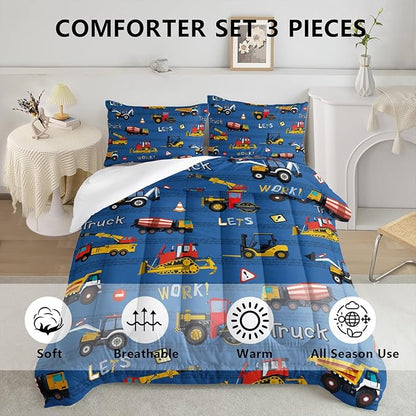 Axolotl Tractor Truck Bedding Set Queen,Excavator Comforter Set,Vehicles Truck Comforter,Boys Bedding Machinery Truck Comforter Construction Site Decor for Kids Boys Teens,1 Quilt 2 Pillowcases,Blue