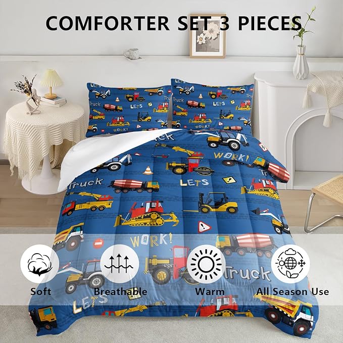 Axolotl Tractor Truck Bedding Set Full,Excavator Comforter Set,Vehicles Truck Comforter,Boys Bedding Machinery Truck Comforter Construction Site Decor for Kids Boys Teens,1 Quilt 2 Pillowcases,Blue