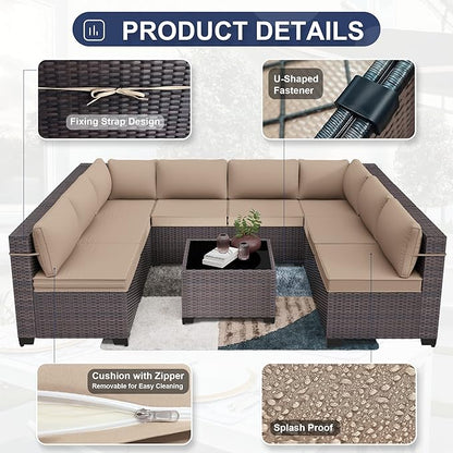Patio Furniture Set 9PCS Outdoor Furniture for Backyard Wicker Sectional Sofa Set, Rattan Patio Conversation Set with Thickened Cushions and Glass Coffee Table, Sand