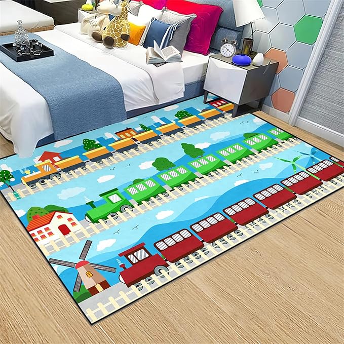 Train Rug Car Rug Play Mat Truck Rugs for Boys Room Kids Car Rug Truck Car Rug Car Carpet for Kids Kids Rugs for Playroom Car Rug for Boys Room,Light Blue 3'×5'