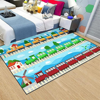 Train Rug Car Rug Play Mat Truck Rugs for Boys Room Kids Car Rug Truck Car Rug Car Carpet for Kids Kids Rugs for Playroom Car Rug for Boys Room,Light Blue 3'×5'
