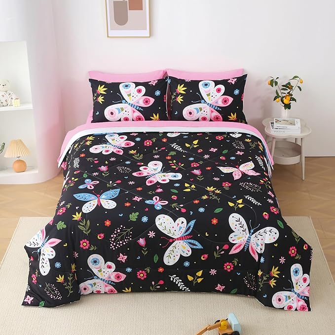 Kids Butterfly Comforter Set Full Size for Girls Black 7 Piece Bed in A Bag Colorful Flowers Leaves Bedding Set for Teens Super Soft All Season