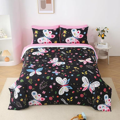 Kids Butterfly Comforter Set Full Size for Girls Black 7 Piece Bed in A Bag Colorful Flowers Leaves Bedding Set for Teens Super Soft All Season