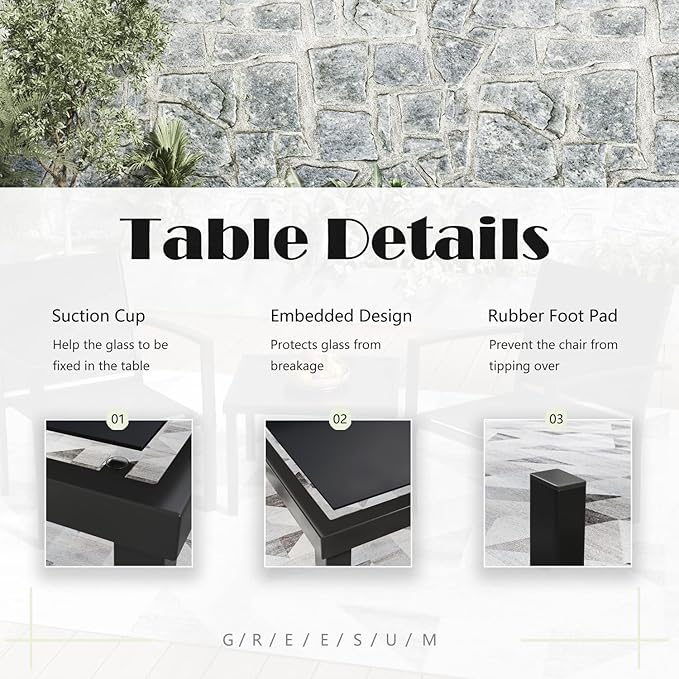 Greesum 3 Pieces Patio Furniture Set Outdoor Conversation Textilene Fabric Chairs for Lawn, Garden, Balcony, Poolside with A Glass Coffee Table, Black