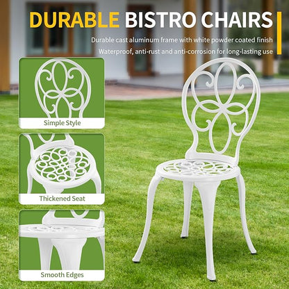 Patio Bistro Sets, Cast Aluminum Bistro Table and Chairs Set of 2 with Umbrella Hole, Bistro Set 3 Piece Outdoor, Metal Patio Furniture Set for Garden Porch, White