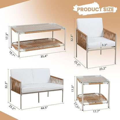 Shintenchi 5 Piece Wicker Outdoor Patio Furniture Set, White Metal Sofa Conversation Set, including Loveseat, Two Single Chairs and Two Coffee Tables for Backyard, Patio, Balcony, Poolside