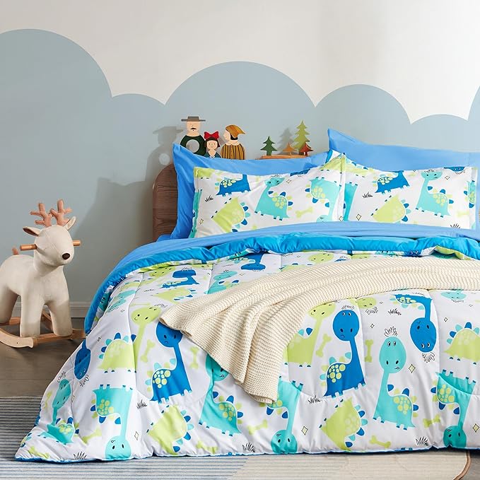 SLEEP ZONE Kids Twin Bedding Comforter Set - Super Cute & Soft Kids Bedding 5 Pieces Set with Comforter, Sheet, Pillowcase & Sham (Cute Dino)