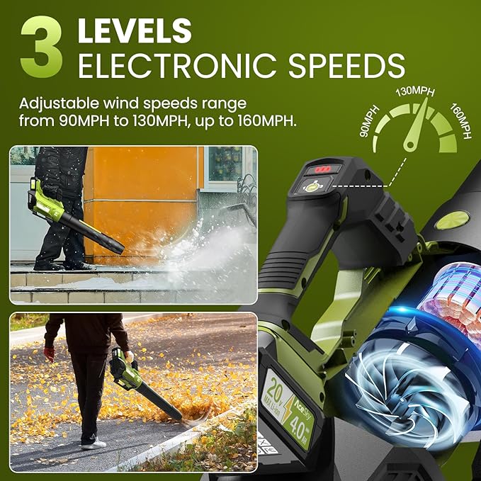 Leaf Blower Cordless, 580CFM/160MPH & 3 Speed Levels, Electric Cordless Leaf Blower with 2 * 4.0Ah Battery Powered, Blowers for Lawn Care, Blower with Extension Nozzle