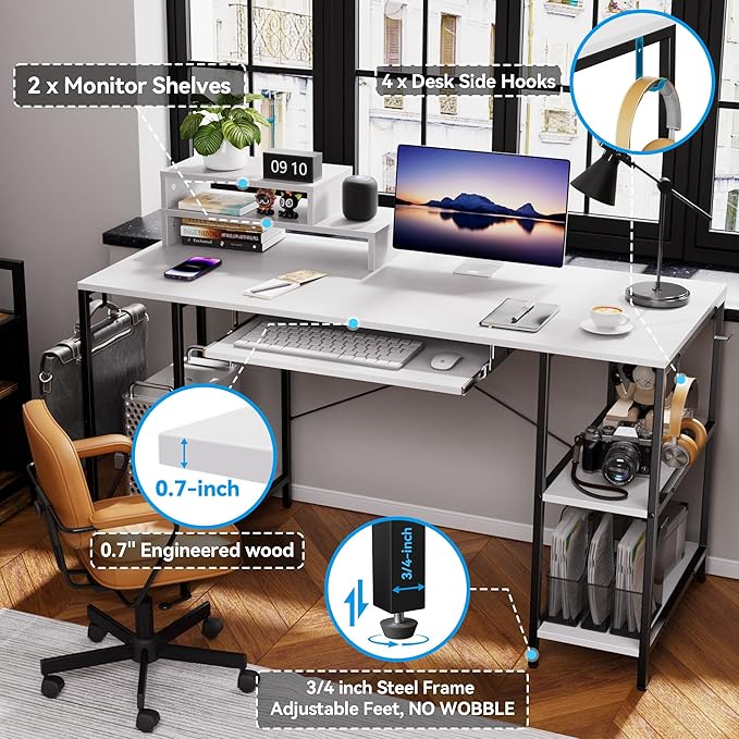 Computer Desk with Keyboard Tray, 55 Inch Music Studio Desk Music Production Desk with Storage Shelves Monitor Stands and 4 Iron Hooks, Desk Workstation Gaming Table for Home Office