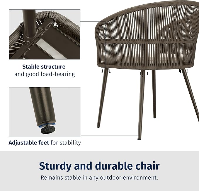 EAST OAK Breezeway Patio Furniture Set, 3-Piece Outside Bistro Set Handwoven Rattan Wicker Chairs with Waterproof Cushions, Tempered Glass Table, Outdoor Conversation Set for Porch, Coffee & Beige