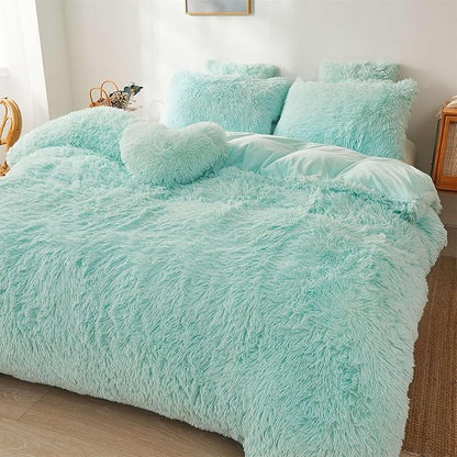 FOPPA Green fluffy Comforter Cover Set king- Ultra Soft fluffy green Bedding Sets 3 Pieces (1 Duvet Cover + 2 Pillow case) green fluffy bed set (Mint Green, King)