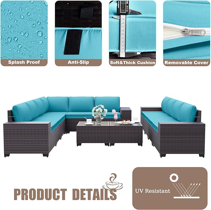 Patio Furniture Set Sofa 12-Pieces Wicker Sectional Sofa Set, Outdoor Furniture Rattan Patio Conversation Set with Thickened Cushions and Glass Coffee Table, Blue