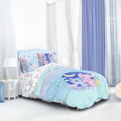 Disney Lilo and Stitch Full Size Comforter Set - 7 Piece Floral Bedding includes Sheet Set & Pillow Covers Features Angel - Super Soft Purple & Teal Stars Kids Bedding