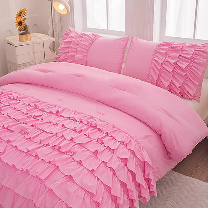 Pink Comforter Queen Set for Girls, 3 Pieces Lightweight and Soft Comforter (1 Ruffle Comforter and 2 Pillowcases), All Season Use Microfiber Bedding Comforter Set