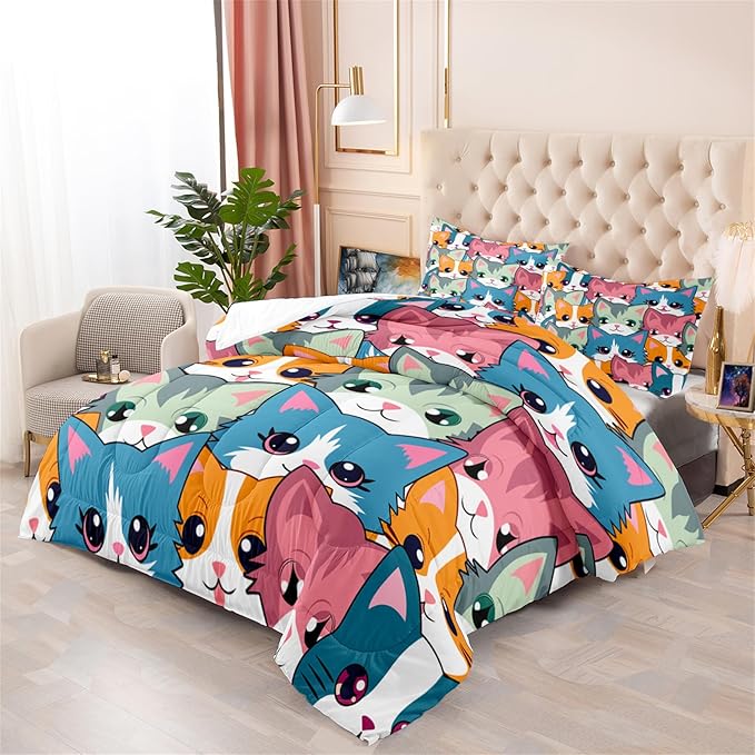 Cat Comforter Set for Girls - Balck Neon Cartoon Cats Bedding Set for Girls Bedroom Ultra Soft Cats Queen Size Comforter Set for All-Season with 1 Comforter and 2 Pillowcases Girls Room Decor