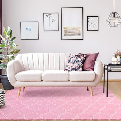 Chicrug Shag Geometric Modern Area Rug for Bedroom, 5x7 Feet Memory Foam Indoor Carpet, Fluffy Rug for Living Room Bedside Room Decor for Family Girls Kids Nursery Play Mat, Pink/White