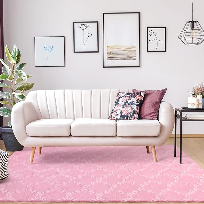 Chicrug Shag Geometric Modern Area Rug for Bedroom, 4x6 Feet Memory Foam Indoor Carpet, Fluffy Rug for Living Room Bedside Room Decor for Family Girls Kids Nursery Play Mat, Pink/White