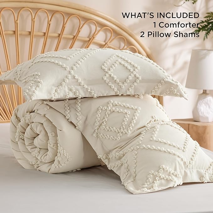Bedsure Boho Comforter Set Full - Mineral Blue Tufted Bedding Comforter Set, 3 Pieces Farmhouse Shabby Chic Embroidery Bedding Set, Soft Geometric Pattern Comforter for All Seasons