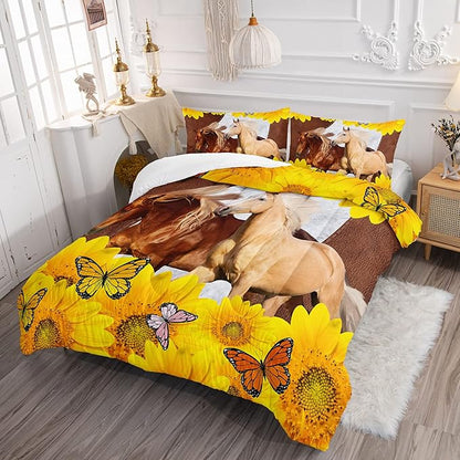 Kid Galloping Horse Comforter Sunflower Butterfly Cowhide Horse Bedding Set for Boys Girls Adult, 1 Comforter + 2 Pillowcases