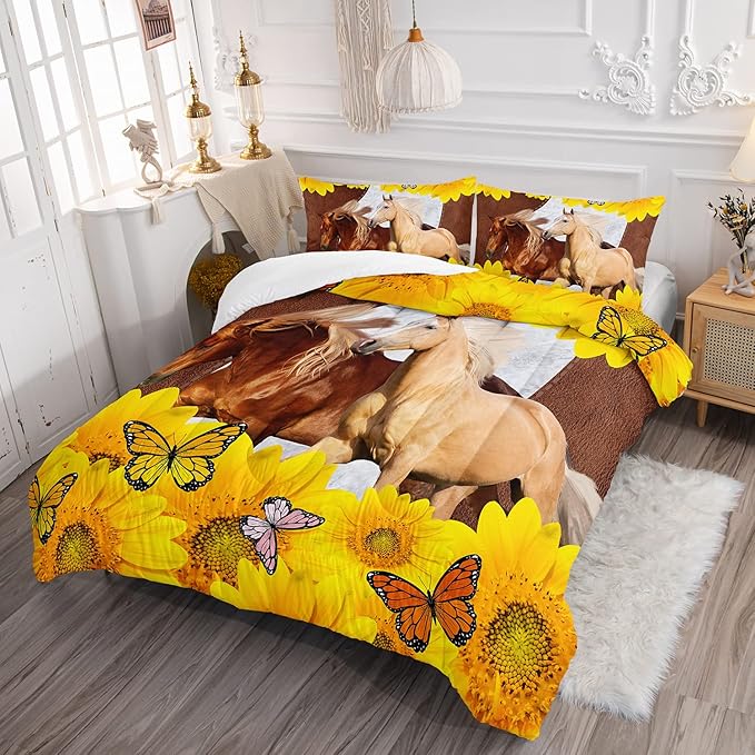 Kid Galloping Horse Comforter Sunflower Butterfly Cowhide Horse Bedding Set for Boys Girls Adult, 1 Comforter + 2 Pillowcases