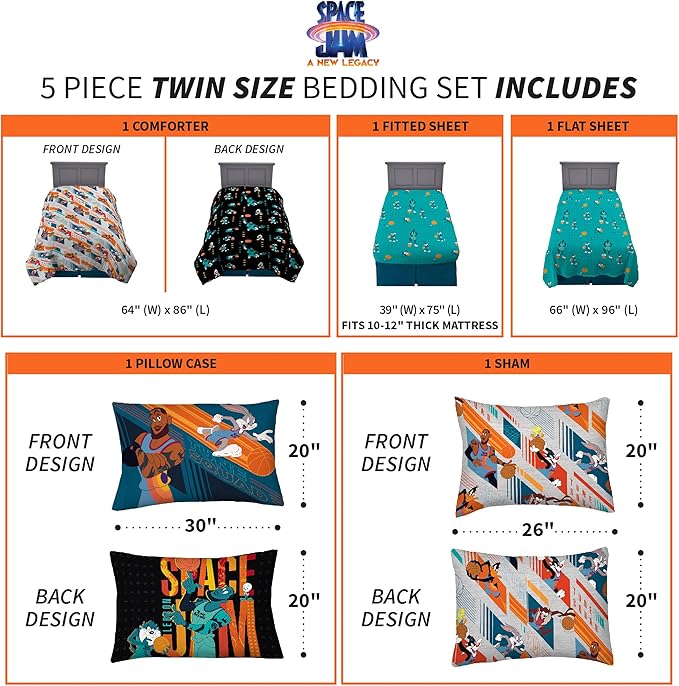Franco Kids Bedding Super Soft Comforter and Sheet Set with Sham, 5 Piece Twin Size, Space Jam 2 A New Legacy