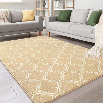 Chicrug Shag Geometric Modern Area Rug for Living Room, 5x7 Feet Large Memory Foam Indoor Carpet, Fluffy Rug for Bedroom Bedside Room Decor for Family Girls Kids Nursery, Beige/White