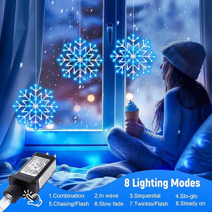 Christmas Snowflake Icicle Lights Outdoor - Plug-in 23.6ft 10 Drops 480LED Snowflake Window Lights, Connectable for Indoor Outdoor Porch Eaves Rooftops Canopy Christmas Decoration, Blue and White