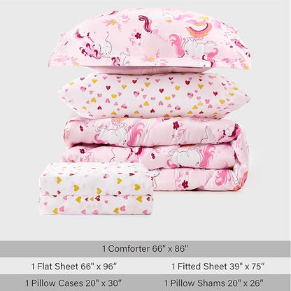 Twin Unicorn Kids Bedding Set for Girls, 5 Pieces Super Soft Lightweight Microfiber Comforter Set with Sheets, Bed in a Bag, Durable Children Bed Set