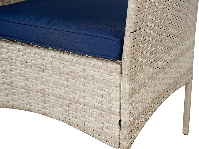 BTEXPERT Outdoor Wicker Conversation 3 Piece Bistro Set Garden Patio Yard Porch Furniture Space Saving Pe Rattan 2 Chairs Cushions Side Storage Glass Table Stone Gray/Navy Blue 3pc