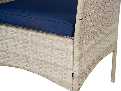 BTEXPERT Outdoor Wicker Conversation 3 Piece Bistro Set Garden Patio Yard Porch Furniture Space Saving Pe Rattan 2 Chairs Cushions Side Storage Glass Table Stone Gray/Navy Blue 3pc
