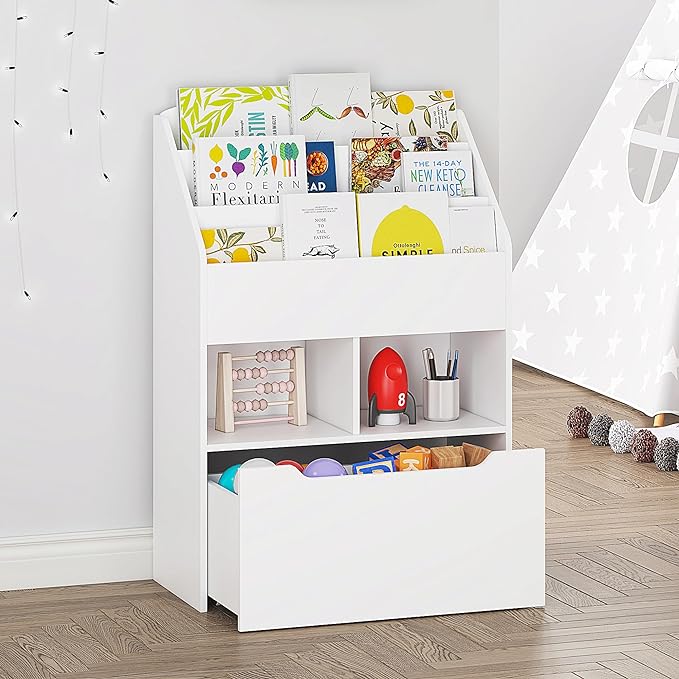 UTEX Bookshelf for Kids, Wooden Book Display, Kids Bookshelf and Toy Storage, Children Book Rack Bookcase Toybox Combo for Bedroom & Nursery, White