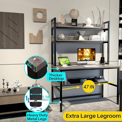 Aquzee Desk with Hutch Bookshelves, Computer Desk with 3 Tiers Storage Shelves, Space Saving Design Black Metal Legs Desk with Grey Board, Easy Assemble