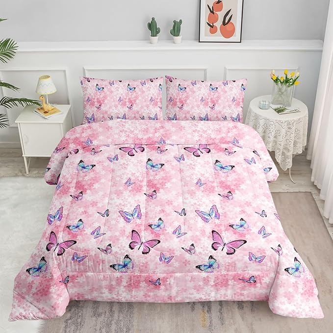 Datura home Kids Comforter Set Girls Pink Flower Butterfly Printed Pattern Quilt Bedding with 1 and 2 Pillowcases for Bedroom All Season(Pink Full) Full 80x90inches