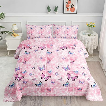 Datura home Kids Comforter Set Girls Pink Flower Butterfly Printed Pattern Quilt Bedding Set with 1 Comforter and 2 Pillowcases for Girls Bedroom All Season(Pink Flower Butterfly Twin 68x86inch)