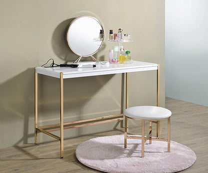 Acme Midriaks Wooden Top Writing Desk with USB Port in White and Gold